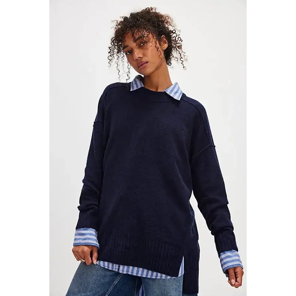 Free People Phoebe Pullover Sweater Navy Oversized Tunic Size M NWT $168 Boho